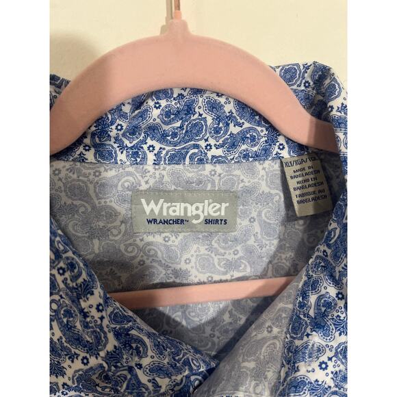 Wrangler Wrancher Mens Pearl Snap Western Shirt Blue Paisley Short Sleeve XLT - Picture 3 of 8